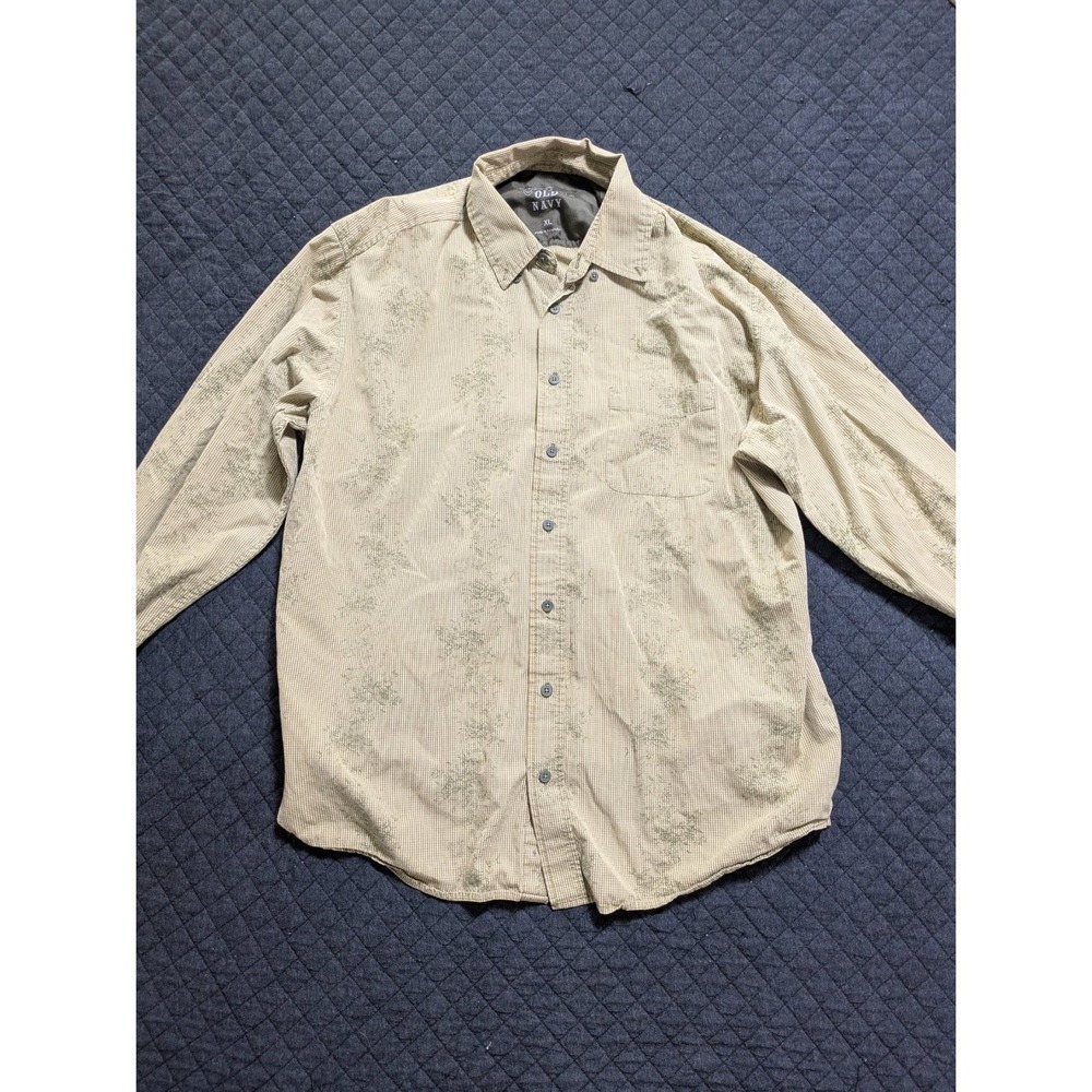 Vintage Embroidered Old Navy Mens button-up shirt XL Beige Striped Long Sleeve